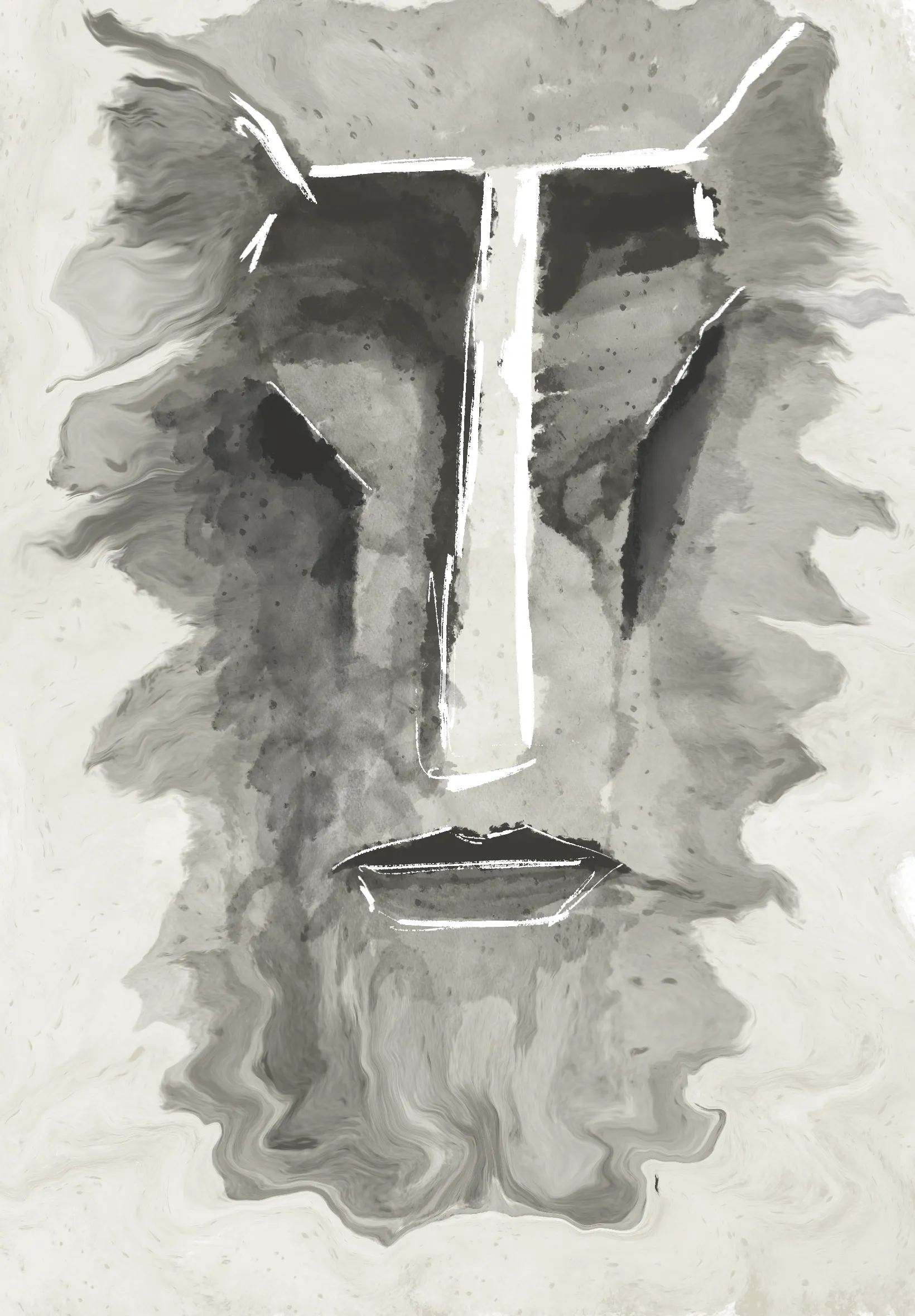 Grayscale ink-wash drawing of a long, stone-like face with a flat nose and mouth.