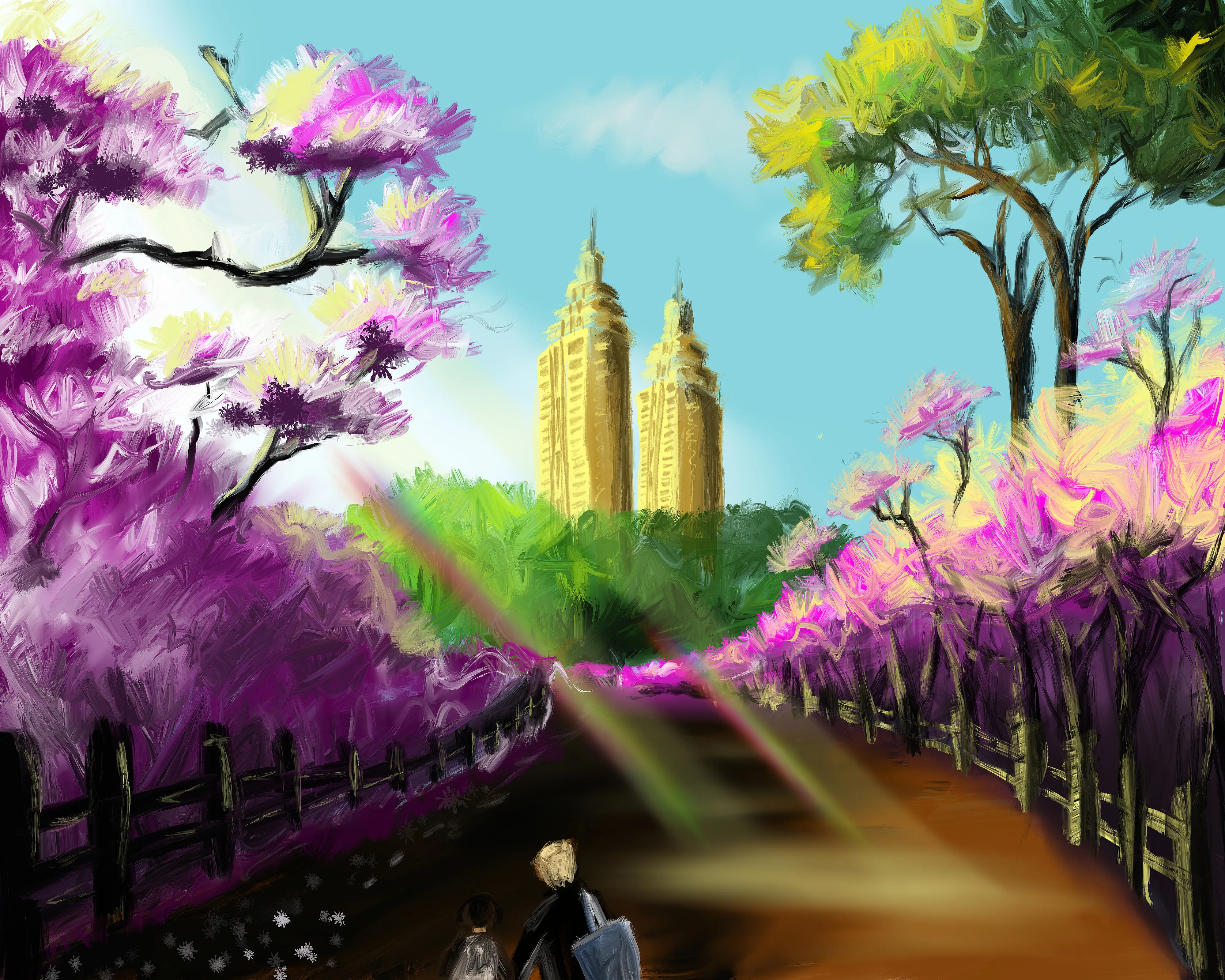 Painted park path lined with pink blossom trees and a wooden fence, with two golden towers and green trees in the distance and a small figure at the bottom.