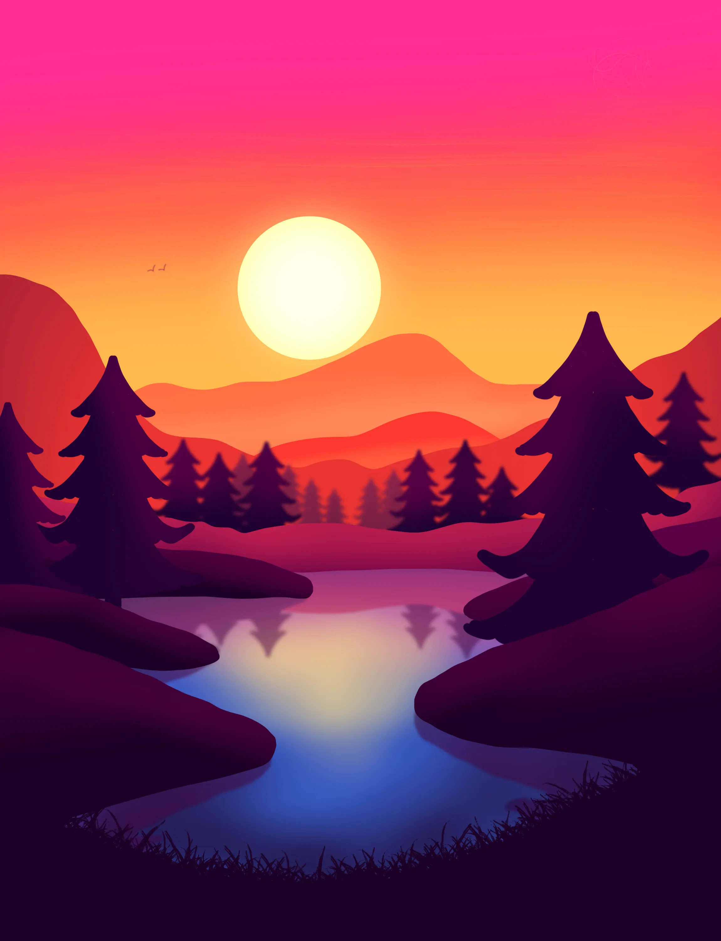 Flat-style landscape of a sun rising over layered purple mountains, pine trees and a winding river, in pinks and oranges.