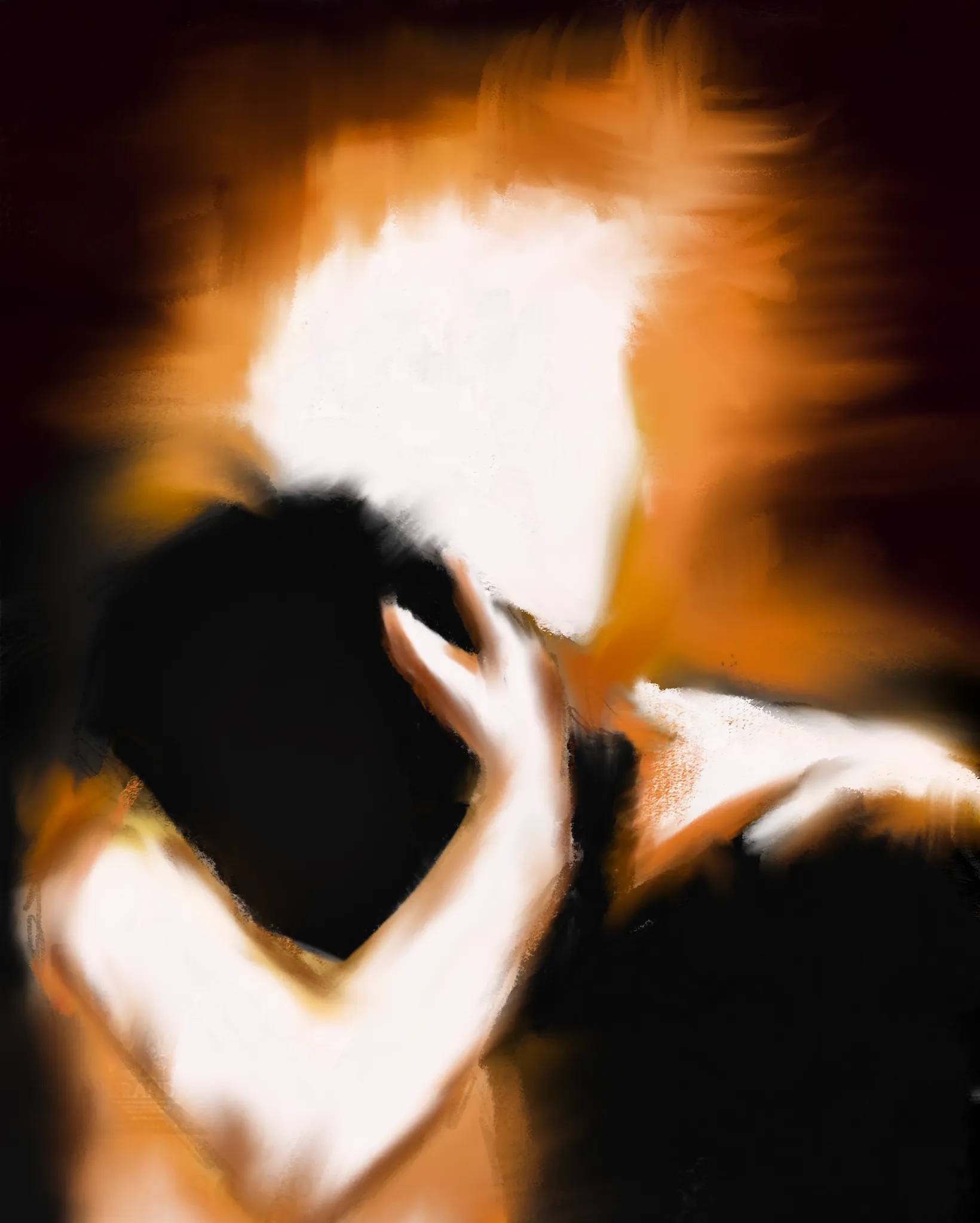 Smudged abstract painting of two figures embracing, in black and glowing orange.