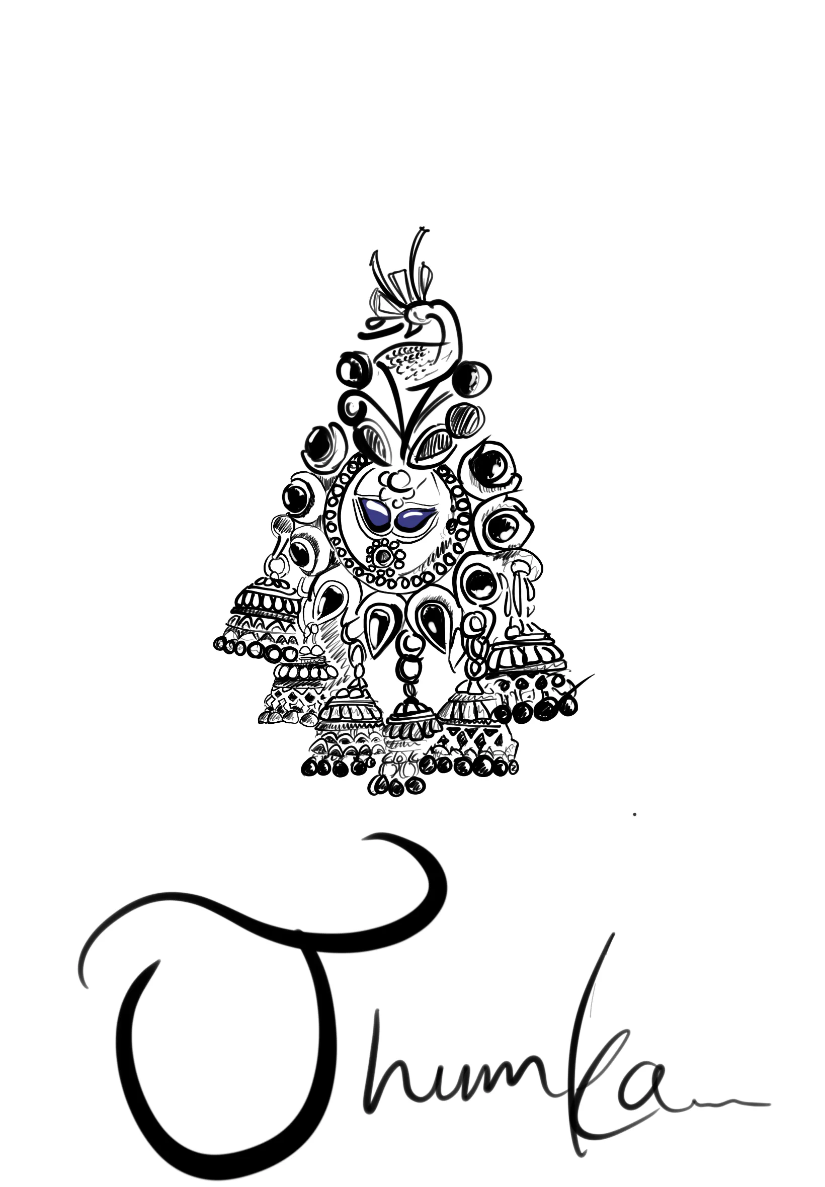 Black ink drawing of an ornate peacock-shaped jhumka earring above the handwritten word "Jhumka".