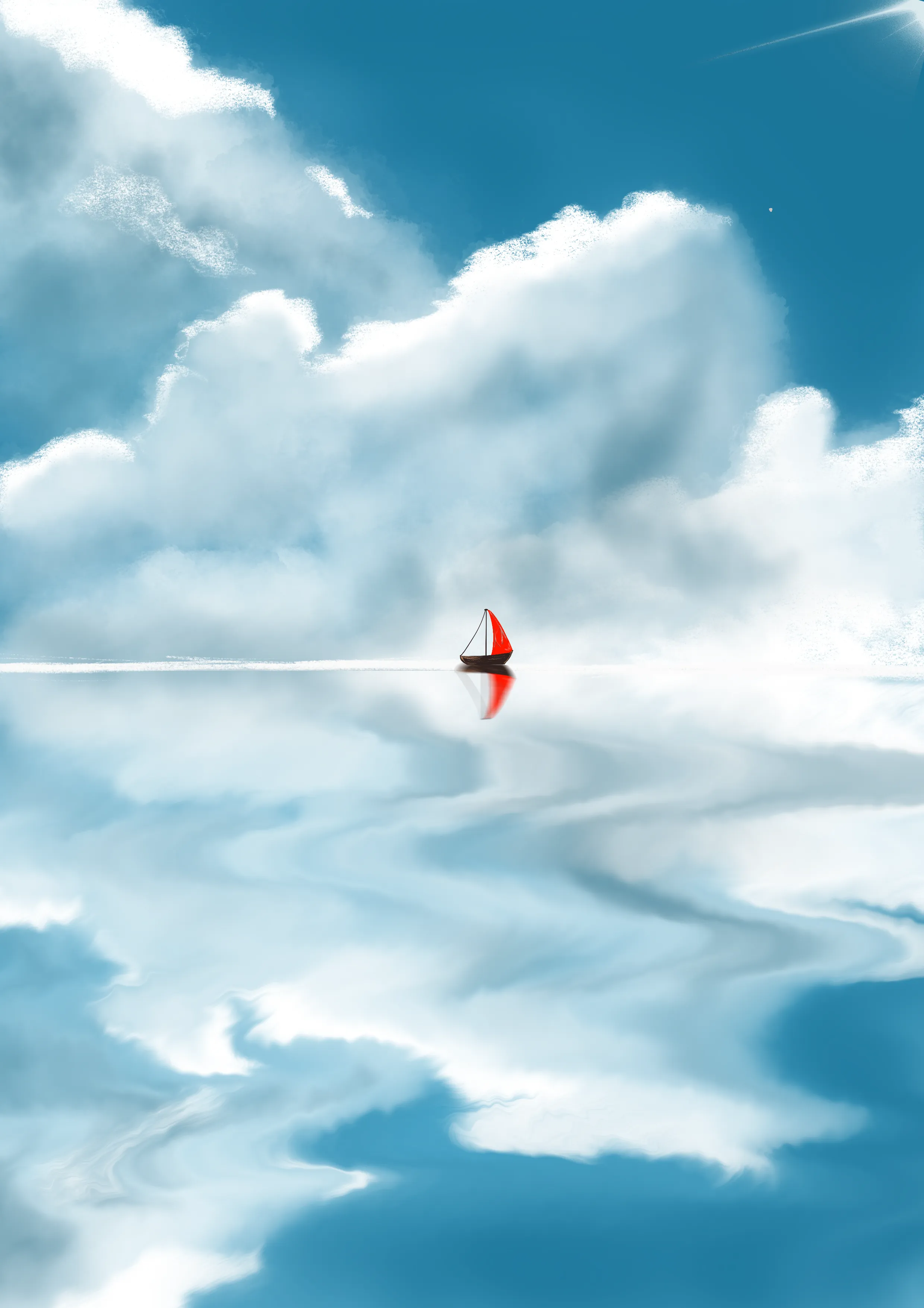 Soft painted clouds across a blue sky with a tiny red sail drifting through them.