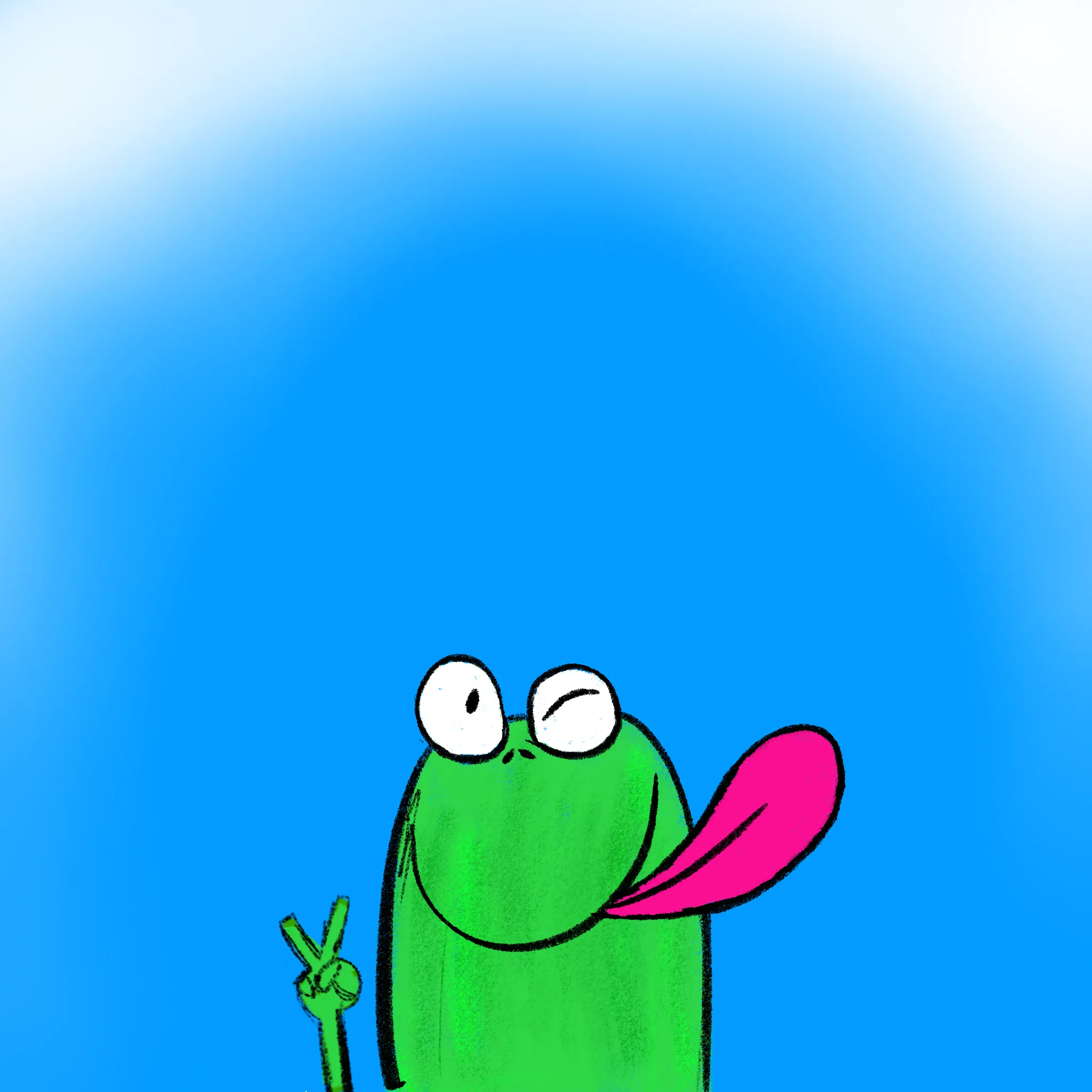 Cartoon green frog winking with its pink tongue out and a peace sign, on a bright blue background.