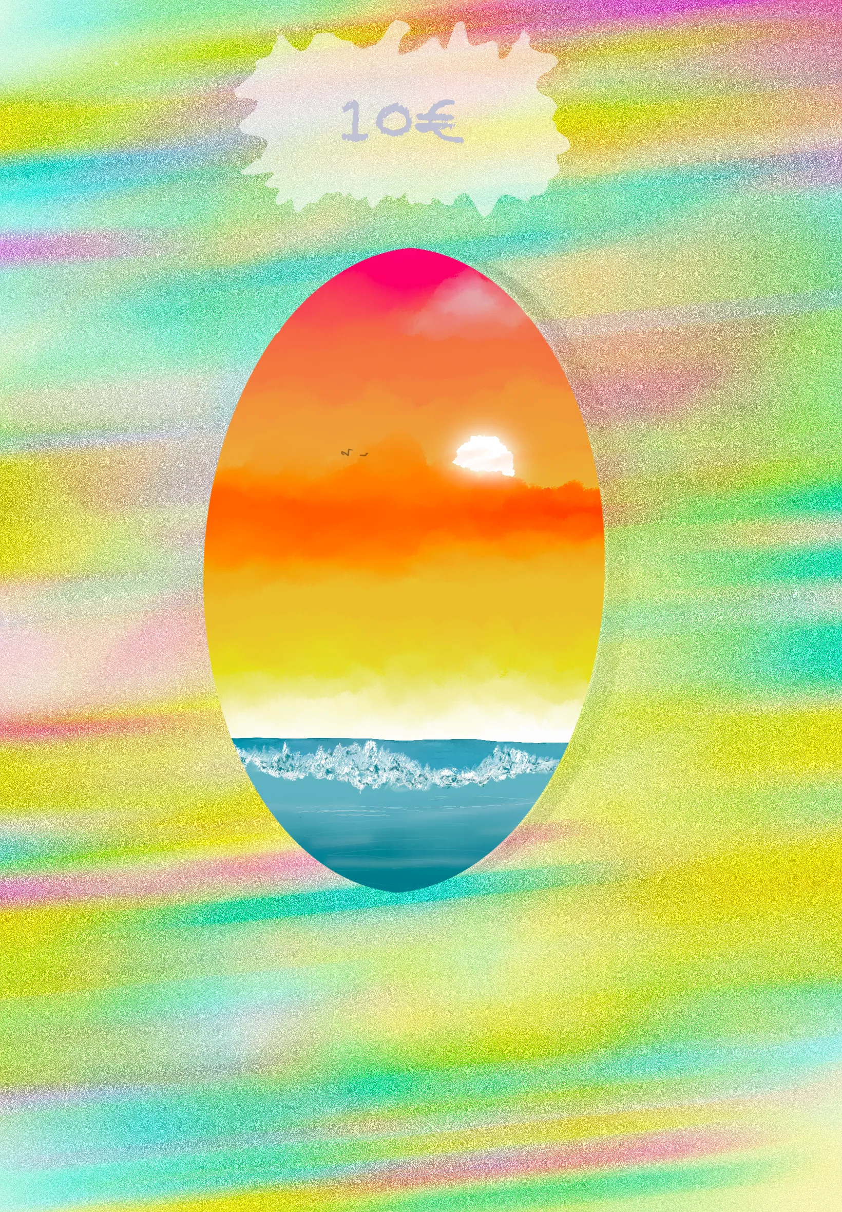 Pastel rainbow stripes around an oval window showing a sunset over the sea, with a small "10 euro" tag at the top.